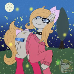 Size: 1600x1602 | Tagged: safe, artist:gray star, derpibooru exclusive, derpibooru import, oc, oc:gray star, beetle, firefly (insect), insect, bow, choker, clothes, female, forest, glasses, hair bow, happy, mare, night, smiling, socks, sweater, tail, tail bow