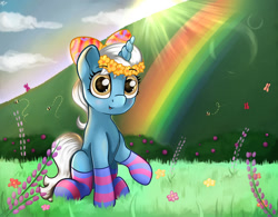 Size: 1280x998 | Tagged: safe, artist:appleneedle, derpibooru import, oc, oc only, oc:zinnia, butterfly, pony, unicorn, art, bow, character, clothes, cloud, cute, digital, draw, drawing, fanart, female, filly, floral head wreath, flower, foal, hair bow, nature, paint, painting, rainbow, socks, sun