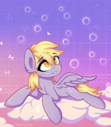 Size: 3500x4000 | Tagged: safe, artist:stravy_vox, derpibooru import, derpy hooves, pegasus, pony, abstract background, cloud, female, lying down, lying on a cloud, mare, on a cloud, prone, smiling, solo