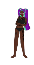 Size: 4032x7560 | Tagged: safe, artist:idkhesoff, derpibooru exclusive, derpibooru import, aria blaze, human, barefoot, belly button, black underwear, bra, clothes, dark skin, ear piercing, earring, eye scar, eyebrow piercing, feet, female, humanized, jewelry, nose piercing, nose ring, panties, piercing, scar, simple background, solo, tattoo, transparent background, underwear