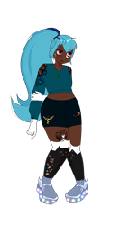 Size: 4032x7560 | Tagged: safe, artist:idkhesoff, derpibooru exclusive, derpibooru import, sonata dusk, human, belly button, cat socks, chubby, clothes, dark skin, eyebrow piercing, female, gloves, humanized, lip piercing, midriff, nose piercing, nose ring, piercing, plump, shirt, shoes, shorts, simple background, snake bites, sneakers, solo, stockings, tattoo, thigh highs, transparent background
