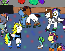 Size: 1434x1122 | Tagged: safe, derpibooru import, oc, earth pony, pegasus, pony, undead, unicorn, vampire, vampony, pony prom, prom 2022, roller skates