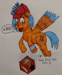 Size: 2483x3000 | Tagged: safe, artist:rapidsnap, derpibooru import, oc, oc only, oc:butter hooves, baseball cap, box, cap, censored, delivery pony, dropping, female, flying, fragile, hat, open mouth, package, pride, pride flag, shocked, shocked expression, solo, swearing, sweatband, traditional art, trans female, transgender, transgender pride flag, vulgar