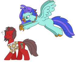 Size: 2899x2345 | Tagged: safe, artist:supahdonarudo, derpibooru import, oc, oc only, oc:ironyoshi, oc:sea lilly, classical hippogriff, hippogriff, unicorn, clothes, jewelry, necklace, newbie artist training grounds, pounce, shirt, simple background, transparent background, walking, whistle