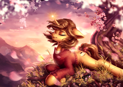 Size: 2105x1488 | Tagged: safe, artist:paticzaki, derpibooru import, oc, oc only, pony, unicorn, cherry blossoms, clothes, commission, ears, eyes closed, female, floppy ears, flower, flower blossom, glasses, glasses off, grass, lying down, magic, mare, prone, scenery, solo, sweater, tree, windswept mane
