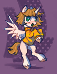 Size: 1756x2300 | Tagged: safe, artist:lunnitavaldez, derpibooru import, oc, oc only, alicorn, pony, alicorn oc, blushing, clothes, horn, looking at you, smiling, solo, spread wings, sweater, wings