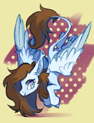 Size: 1756x2300 | Tagged: safe, artist:lunnitavaldez, derpibooru import, oc, oc only, pegasus, pony, flying, freckles, leonine tail, smiling, solo, spread wings, tail, underhoof, wings