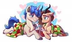 Size: 2268x1416 | Tagged: safe, artist:lunnitavaldez, derpibooru import, oc, oc only, pony, unicorn, blanket, chocolate, duo, food, heart, hot chocolate, simple background, white background