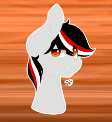 Size: 397x430 | Tagged: safe, artist:prettyshinegp, derpibooru import, oc, oc only, earth pony, pony, abstract background, bust, earth pony oc, grin, male, signature, smiling, solo, stallion