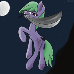 Size: 2000x2000 | Tagged: safe, artist:starfall119, derpibooru import, oc, oc only, earth pony, pony, butt, moon, mouth hold, night, plot, simple background, solo, sword, tail, tail wrap, weapon