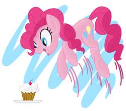 Size: 2250x1972 | Tagged: safe, artist:notadeliciouspotato, derpibooru import, pinkie pie, earth pony, pony, atg 2022, cupcake, cute, diapinkes, female, food, jumping, mare, motion lines, newbie artist training grounds, open mouth, open smile, smiling, solo