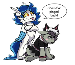Size: 1224x1065 | Tagged: safe, artist:hiddenfaithy, derpibooru import, oc, oc only, oc:aurora, oc:nightfall haze, pegasus, unicorn, wolf, wolf pony, :p, bipedal, clothes, commission, crossed hooves, maid, simple background, speech bubble, tongue, tongue out, transparent background, were-pony