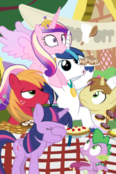 Size: 1200x1800 | Tagged: safe, artist:dm29, derpibooru import, big macintosh, donut joe, princess cadance, shining armor, spike, twilight sparkle, twilight sparkle (alicorn), alicorn, dragon, earth pony, pony, unicorn, big macintosh is not amused, cinnamon bun, donut, epic wife tossing, facehoof, female, food, male, mare, medal, pie, ponyville, stallion, unamused