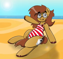 Size: 1526x1427 | Tagged: safe, artist:courgette_zone, artist:n-o-n, derpibooru import, oc, oc only, oc:pencil test, earth pony, pony, succubus, beach, clothes, dot eyes, earth pony oc, fat, female, glasses, one-piece swimsuit, smiling, solo, swimsuit, thick eyebrows, waving