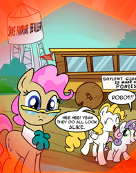 Size: 430x545 | Tagged: safe, artist:madmax, derpibooru import, edit, mayor mare, surprise, sweetie belle, sweetie bot, earth pony, pegasus, pony, robot, unicorn, cropped, dialogue, eyes closed, female, filly, foal, giggling, glasses, horn, mare, non-dyed mayor, smiling, speech bubble, text, wings