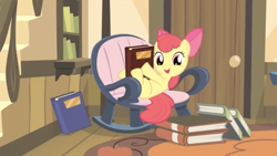 Size: 1334x750 | Tagged: safe, derpibooru import, screencap, apple bloom, earth pony, pony, season 4, somepony to watch over me, apple bloom's bow, book, bow, female, filly, foal, hair bow, looking at you