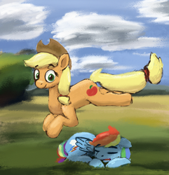 Size: 2330x2421 | Tagged: safe, artist:phutashi, derpibooru import, applejack, rainbow dash, earth pony, pegasus, pony, atg 2022, eyes closed, female, jumping, looking at you, lying down, mare, newbie artist training grounds, prone, silly, sleeping, smiling, smiling at you