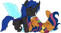 Size: 5000x2692 | Tagged: safe, artist:jhayarr23, derpibooru import, oc, oc only, oc:solar comet, oc:swift dawn, changeling, pegasus, pony, bandana, blue changeling, boop, bow, changeling oc, clothes, commission, cute, duo, eyes closed, fangs, freckles, frog (hoof), hair bow, male, ocbetes, pegasus oc, scrunchy face, show accurate, simple background, socks, stallion, transparent background, underhoof, wings, ych result