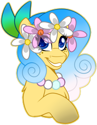 Size: 771x991 | Tagged: safe, artist:missbramblemele, derpibooru import, oc, earth pony, blue eyes, dirty hooves, feather in hair, flower, flower in hair, jewelry, lei, necklace, pearl necklace, simple background, transparent background, wavy mane