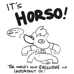 Size: 2250x2250 | Tagged: safe, artist:tjpones, derpibooru import, oc, oc:horso, earth pony, pony, belly button, black and white, clothes, grayscale, male, monochrome, shirt, simple background, solo, speech bubble, stallion, white background