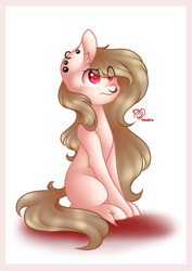 Size: 650x920 | Tagged: safe, artist:prettyshinegp, derpibooru import, oc, oc only, earth pony, pony, ear piercing, earring, earth pony oc, eye clipping through hair, female, jewelry, mare, nose piercing, nose ring, piercing, signature, simple background, sitting, white background