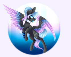 Size: 2000x1600 | Tagged: safe, artist:prettyshinegp, derpibooru import, oc, oc only, pegasus, pony, choker, eye clipping through hair, female, flying, mare, pegasus oc, signature, smiling, solo, spiked choker