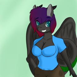 Size: 2000x2000 | Tagged: safe, artist:quickcast, derpibooru import, oc, oc only, anthro, dragon, breasts, cleavage, clothes, dragon oc, dragoness, female, grin, non-pony oc, smiling, solo