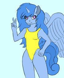 Size: 1000x1200 | Tagged: safe, artist:quickcast, derpibooru import, oc, oc only, alicorn, anthro, alicorn oc, blue background, clothes, female, horn, one-piece swimsuit, peace sign, simple background, smiling, solo, swimsuit, wings