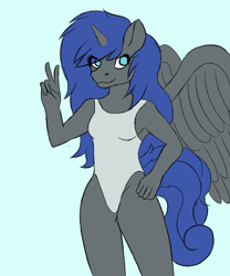 Size: 1000x1200 | Tagged: safe, alternate version, artist:quickcast, derpibooru import, oc, oc only, alicorn, anthro, alicorn oc, blue background, clothes, female, horn, one-piece swimsuit, peace sign, simple background, smiling, solo, swimsuit, wings