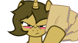 Size: 3840x2154 | Tagged: safe, artist:the-pegasus-katja, derpibooru import, oc, oc only, oc:sagiri himoto, pony, unicorn, angry, annoyed, anonymous editor, blushing, brown coat, brown eyes, brown mane, disappointed, disgusted, ears, ears up, file, green mane, horn, simple background, solo, transparent background, unicorn oc