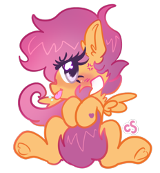 Size: 722x777 | Tagged: safe, artist:computershits, derpibooru import, scootaloo, pegasus, pony, :p, angry, bandage, blushing, cross-popping veins, ear fluff, ears, female, filly, foal, frog (hoof), hoof heart, looking at you, raspberry, simple background, sitting, solo, spread wings, tail, tail hold, tongue, tongue out, transparent background, underhoof, wings