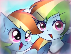 Size: 2006x1515 | Tagged: safe, artist:namaenonaipony, derpibooru import, rainbow dash, pegasus, pony, equestria girls, clothes, duo, duo female, eye clipping through hair, female, human ponidox, looking at you, mare, open mouth, self paradox, self ponidox