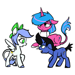 Size: 2048x2048 | Tagged: safe, artist:pfeffaroo, derpibooru import, oc, oc only, oc:echo shade, oc:smokey sky, oc:snow feather, pegasus, pony, unicorn, fanfic:song of seven, angry, argument, black mane, bow, clothes, cutie mark, ears back, female, green eyes, hooves, horn, leonine tail, mare, pegasus oc, short tail, siblings, simple background, striped mane, tail, tired, unicorn oc, wings