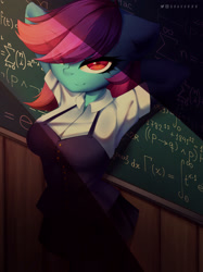 Size: 2240x3000 | Tagged: safe, artist:shavurrr, derpibooru import, oc, oc only, oc:nohra, anthro, earth pony, chalkboard, classroom, clothes, commission, female, looking at you, math, school uniform, smiling, solo, sunset, two toned mane, ych result