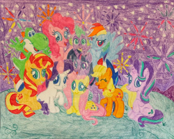 Size: 1280x1026 | Tagged: safe, artist:hunterz263, artist:justinvaldecanas, derpibooru import, applejack, fluttershy, pinkie pie, rainbow dash, rarity, spike, starlight glimmer, sunset shimmer, twilight sparkle, twilight sparkle (alicorn), alicorn, dragon, earth pony, pegasus, pony, unicorn, 4th of july, cowboy hat, crossover, deviantart watermark, fireworks, flutteryoshi, hat, holiday, independence day, looking at you, mane eight, mane seven, mane six, night, obtrusive watermark, one eye closed, open mouth, sky, smiling, super mario bros., traditional art, watermark, wink, winking at you, yoshi, yoshilight