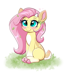 Size: 2622x3000 | Tagged: safe, artist:confetticakez, derpibooru import, fluttershy, deer, blushing, cute, deerified, doe, female, flutterdeer, grass, horns, shyabetes, sitting, smiling, solo, species swap, unshorn fetlocks