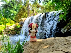 Size: 4032x3024 | Tagged: safe, artist:xeto_de, derpibooru import, oc, oc:vanilla cream, original species, pony, g4, irl, nature, photo, photography, plush pony, plushie, realistic, water, waterfall