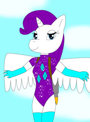 Size: 943x1280 | Tagged: safe, artist:bmigvjtdbhhb, derpibooru import, rarity, alicorn, anthro, alicornified, clothes, flying, jetpack, legs together, leotard, race swap, raricorn, sky, sky background, smiling, socks, spread wings, thigh highs, wings