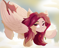 Size: 1650x1350 | Tagged: safe, artist:nighty, derpibooru import, oc, oc:crimm harmony, pegasus, pony, artfight, cherry, cloud, female, folded wings, food, mare, pegasus oc, raised hoof, raised leg, sky, solo, standing, underhoof, wings