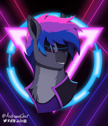 Size: 1884x2206 | Tagged: safe, artist:autumnsfur, artist:autumnsfurart, derpibooru import, oc, oc only, oc:echo beats, earth pony, pony, artfight, artfight22, burst, bust, clothes, cutie mark, cyber pony, cyberpunk, female, grey fur, laser, mare, mask, multicolored hair, portrait, purple background, signature, simple background, smiling, smirk, wave