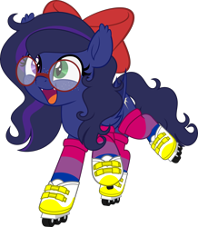 Size: 4354x5000 | Tagged: safe, artist:jhayarr23, derpibooru import, oc, oc only, oc:shadow twinkle, bat pony, bisexual pride flag, bow, clothes, commission, cute, freckles, glasses, hair bow, male, pride, pride flag, simple background, socks, transparent background, ych result