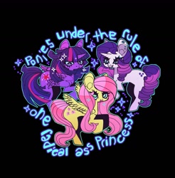 Size: 1269x1290 | Tagged: safe, artist:mmyusoap, derpibooru import, fluttershy, rarity, twilight sparkle, twilight sparkle (alicorn), alicorn, pegasus, pony, unicorn, black background, ear piercing, female, horn, looking at you, mare, open mouth, piercing, simple background, sparkles, trio, trio female, wings