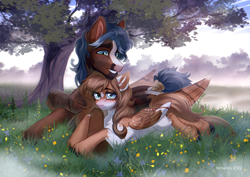 Size: 3507x2480 | Tagged: safe, artist:fenwaru, derpibooru import, oc, oc only, oc:hemlock, oc:mabel, pegasus, pony, blaze (coat marking), coat markings, cuddling, cute, duo, duo male and female, ear fluff, ears, eyebrows, eyelashes, facial markings, feathered wings, female, flower, fog, folded wings, grass, grin, high res, hug, lying down, male, mare, meadow, oc x oc, outdoors, prone, shipping, size difference, sky, smiling, socks (coat marking), stallion, straight, tail, tail wrap, tree, unshorn fetlocks, wings