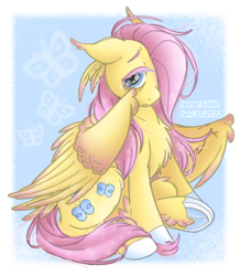 Size: 1200x1374 | Tagged: safe, artist:jeztereddin, derpibooru import, fluttershy, pegasus, pony, abstract background, aside glance, chest fluff, colored eyelashes, colored hooves, ear tufts, ears, feather in hair, feathered fetlocks, female, floppy ears, fluffy, hair over one eye, looking at you, mare, partially open wings, sitting, solo, stray strand, three quarter view, wings