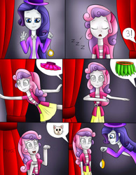 Size: 1280x1648 | Tagged: safe, artist:jerrydestrtoyer, derpibooru import, rarity, sweetie belle, equestria girls, ballet, behaving like a cat, eyes closed, hula dance, hypnosis, hypnotist, hypnotized, magician outfit, nya, onomatopoeia, open mouth, open smile, pocket watch, sleeping, smiling, sound effects, swirly eyes, zzz