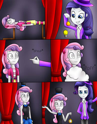 Size: 1280x1645 | Tagged: safe, artist:jerrydestrtoyer, derpibooru import, rarity, sweetie belle, equestria girls, clothes, comic, finger snap, hypnosis, hypnotized, magician outfit, pocket watch, smiling, stage hypnotist, swirly eyes, transformation, transforming clothes