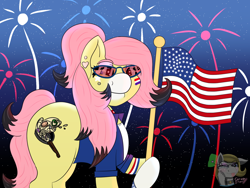 Size: 1600x1200 | Tagged: safe, artist:gray star, derpibooru exclusive, derpibooru import, oc, oc:sunny side(gray star), 4th of july, collar, face paint, female, fireworks, flag, glasses, holiday, ponytail, trans female, transgender