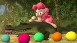 Size: 1920x1080 | Tagged: safe, artist:yrbertthecat, derpibooru import, gummy, pinkie pie, alligator, earth pony, 3d, balloon, beach, female, grin, jungle, mare, palm tree, smiling, source filmmaker, tree, watermark