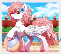 Size: 3389x3000 | Tagged: safe, artist:ask-colorsound, derpibooru import, oc, oc only, pegasus, beach ball, flower, flower in hair, large wings, solo, swimming pool, unshorn fetlocks, wings