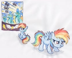 Size: 2000x1604 | Tagged: safe, artist:nedemai, derpibooru import, rainbow dash, pegasus, atg 2022, female, filly, filly rainbow dash, foal, newbie artist training grounds, solo, traditional art, watercolor painting, wonderbolts poster, younger